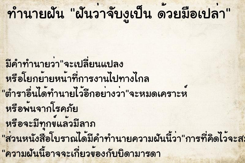 ทำนายฝันฝันว่าจับงูเป็นด้วยมือเปล่า ทำนายฝันทำนายฝันฝันว่าจับงูเป็นด้วยมือเปล่า